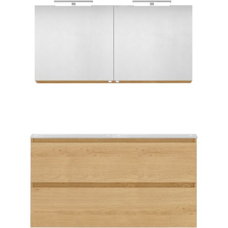Meuble forme 120 duo 2 tiroirs marbre de synthèse +armoire de toilette coloris chêne nordique