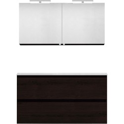 Meuble forme 120 asymétrique gauche 2 tiroirs marbre de synthèse +armoire de toilette coloris chêne graphite