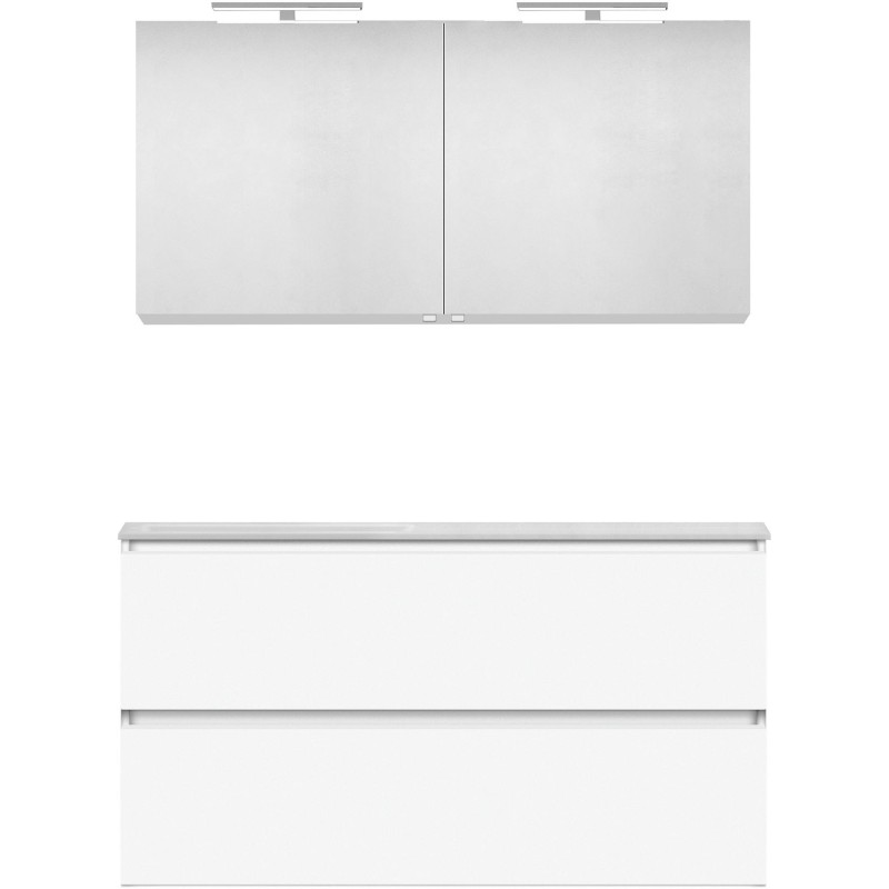 Meuble forme 120 asymétrique gauche 2 tiroirs marbre de synthèse +armoire de toilette coloris blanc