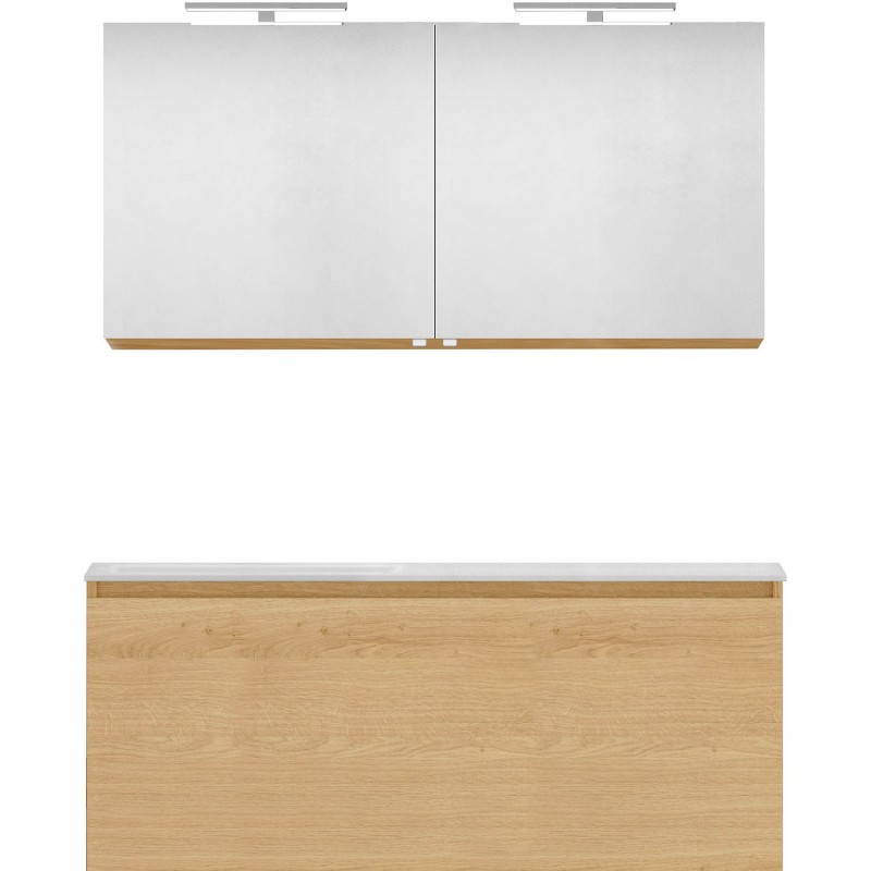 Meuble forme 120 asymétrique gauche 1 tiroir marbre de synthèse +armoire de toilette coloris chêne nordique