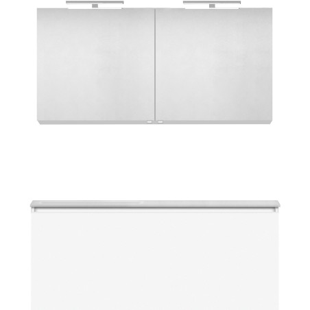 Meuble forme 120 asymétrique gauche 1 tiroir marbre de synthèse +armoire de toilette coloris blanc