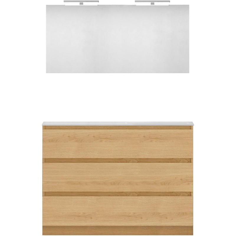 Meuble forme 120 asymétrique droite 3 tiroirs marbre de synthèse +miroir coloris chêne nordique