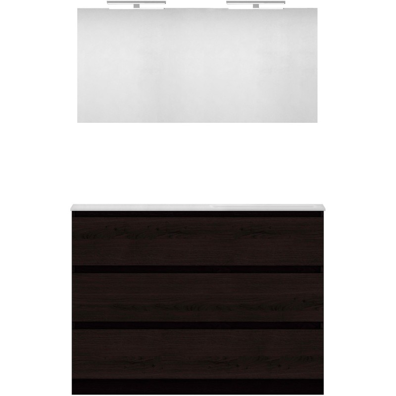 Meuble forme 120 asymétrique droite 3 tiroirs marbre de synthèse +miroir coloris chêne graphite