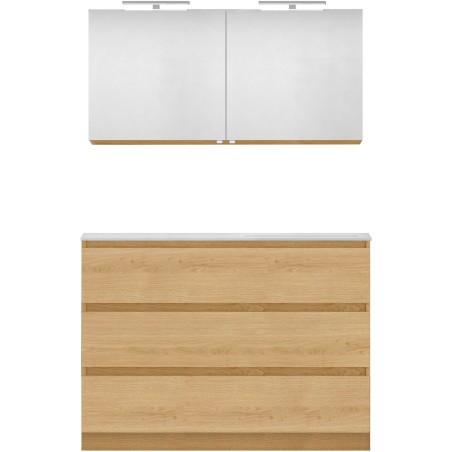 Meuble forme 120 asymétrique droite 3 tiroirs marbre de synthèse +armoire de toilette coloris chêne nordique