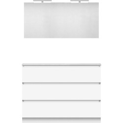 Meuble forme 120 asymétrique droite 3 tiroirs marbre de synthèse +armoire de toilette coloris blanc
