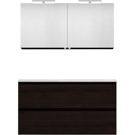 Meuble forme 120 asymétrique droite 2 tiroirs marbre de synthèse +miroir coloris chêne graphite