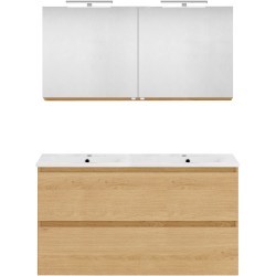 Meuble forme 120 asymétrique droite 2 tiroirs marbre de synthèse +armoire de toilette coloris chêne nordique