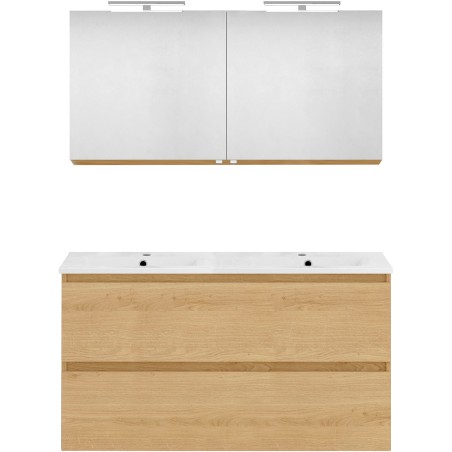 Meuble forme 120 asymétrique droite 2 tiroirs marbre de synthèse +armoire de toilette coloris chêne nordique