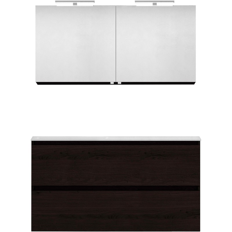Meuble forme 120 asymétrique droite 2 tiroirs marbre de synthèse +armoire de toilette coloris chêne graphite
