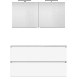 Meuble forme 120 asymétrique droite 2 tiroirs marbre de synthèse +armoire de toilette coloris blanc