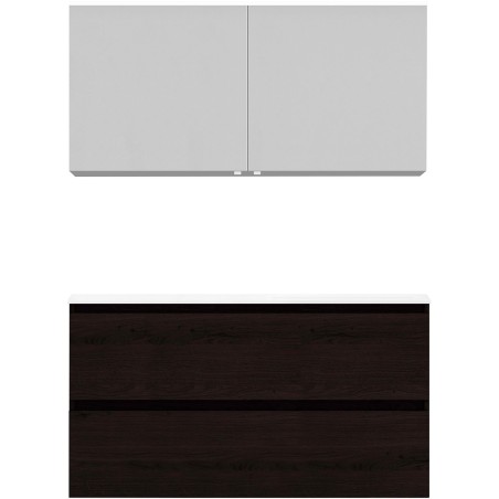 Meuble Alano 120cm asymétrique droite 2 tiroirs marbre de synthèse +armoire de toilette coloris chêne graphite