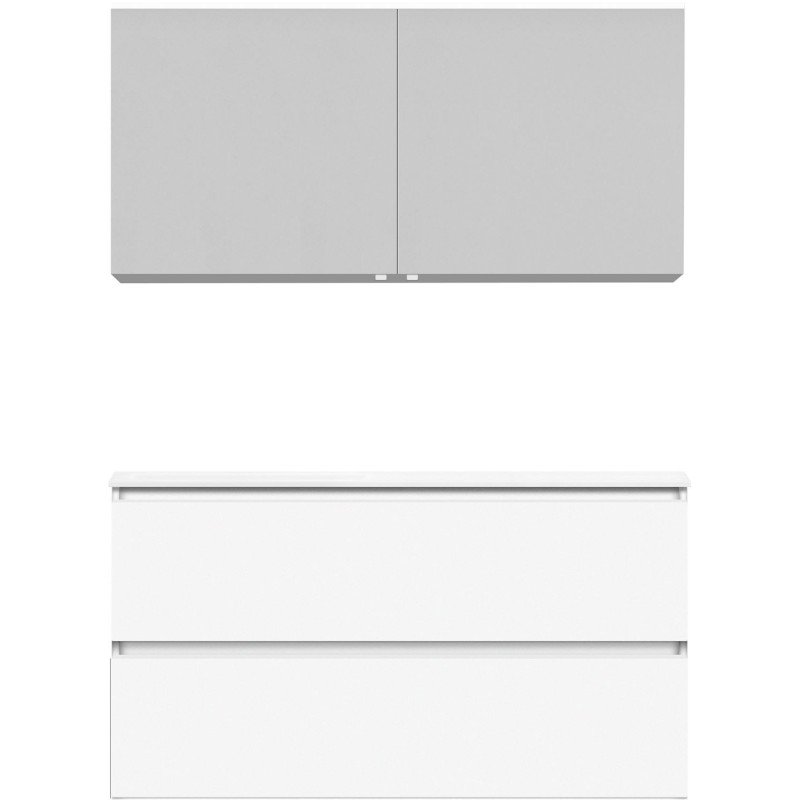 Meuble Alano 120cm asymétrique gauche 2 tiroirs marbre de synthèse +armoire de toilette coloris blanc