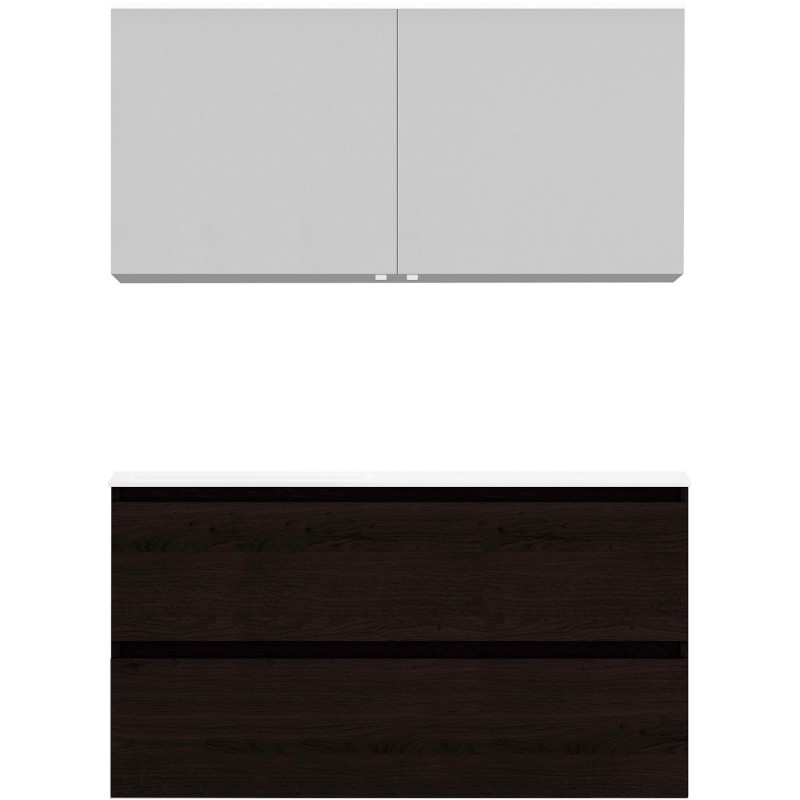 Meuble Alano 120cm asymétrique gauche 2 tiroirs marbre de synthèse +armoire de toilette coloris chêne graphite