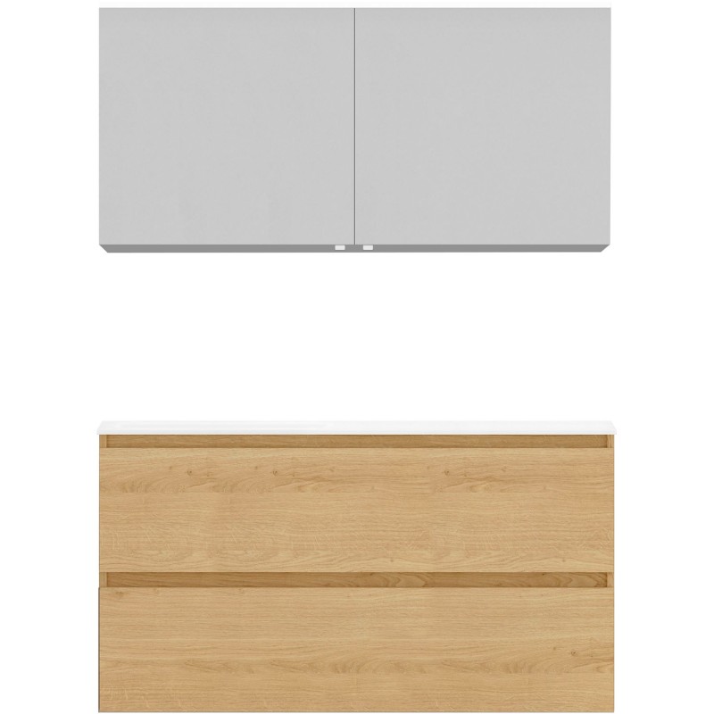 Meuble Alano 120cm asymétrique gauche 2 tiroirs marbre de synthèse +armoire de toilette coloris chêne nordique