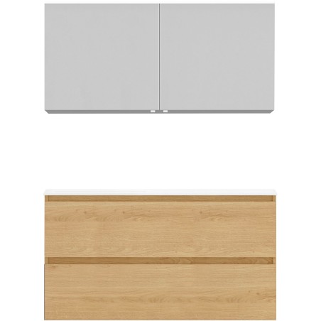 Meuble Alano 120cm asymétrique gauche 2 tiroirs marbre de synthèse +armoire de toilette coloris chêne nordique