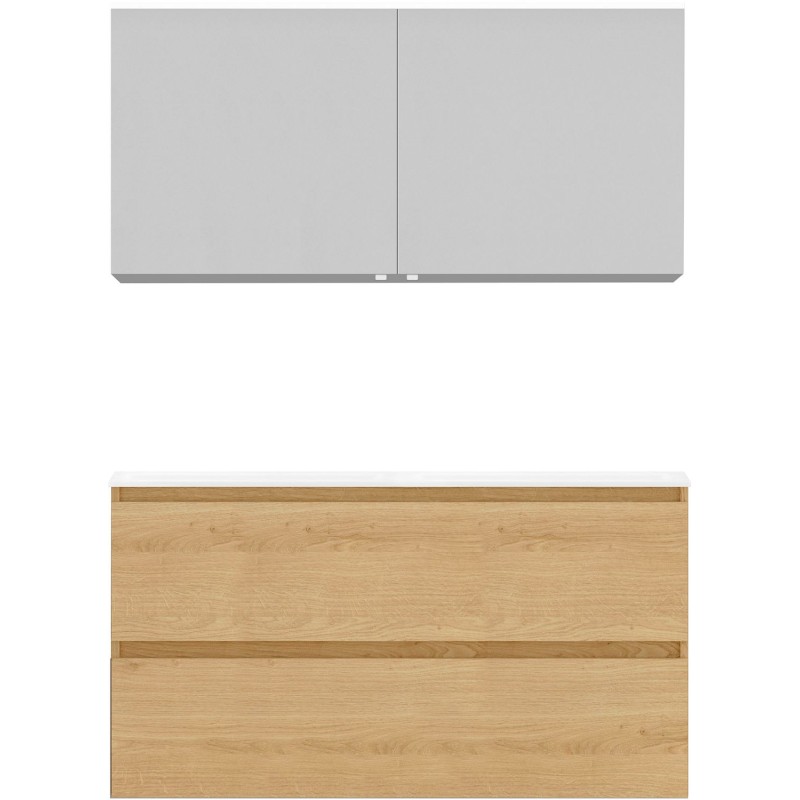 Meuble Alano 120cm duo 2 tiroirs marbre de synthèse +armoire de toilette coloris blanc