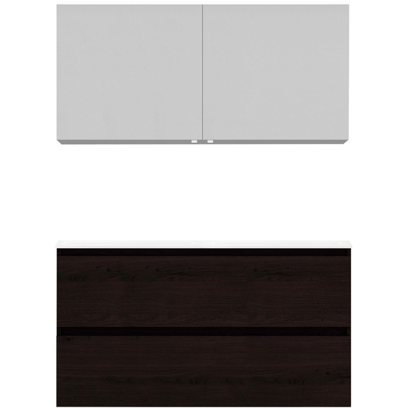 Meuble Alano 120cm duo 2 tiroirs marbre de synthèse +armoire de toilette coloris chêne graphite