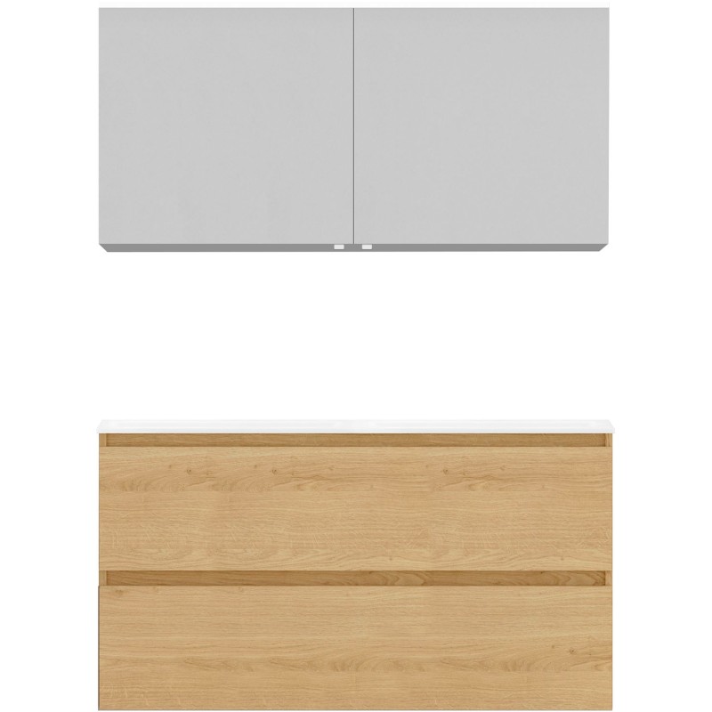 Meuble alano 120cm duo 2 tiroirs porcelaine coloris chêne nordic mat + armoire de toilette coloris chêne nordic