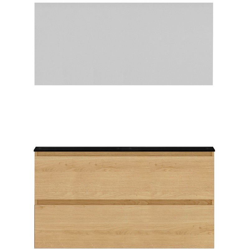 Meuble alano 120cm duo 2 tiroirs porcelaine coloris chêne nordic mat + miroir coloris chêne nordic