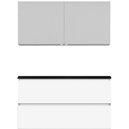Meuble alano 120cm duo 2 tiroirs porcelaine coloris noir mat + armoire de toilette coloris blanc