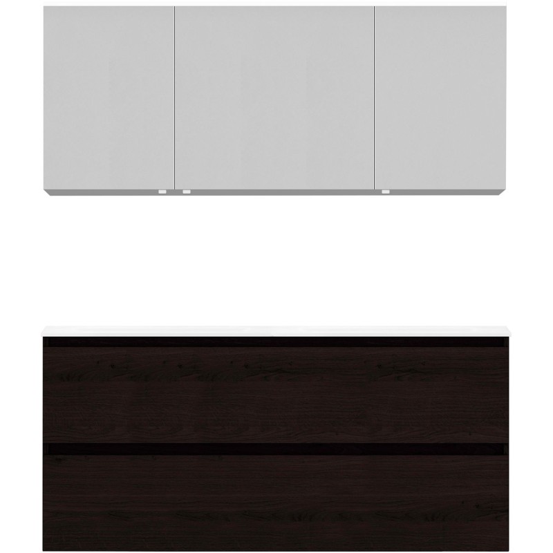 Meuble alano 140 cm duo 2 tiroirs porcelaine coloris chêne graphite brillant + armoire de toilette coloris chêne graphite