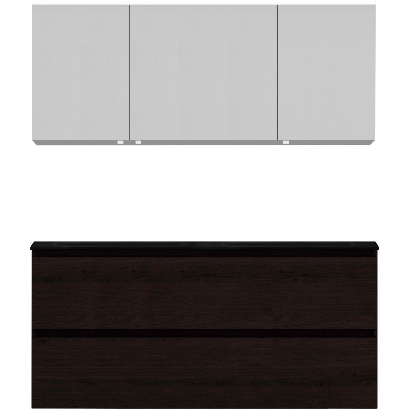 Meuble alano 140 cm duo 2 tiroirs porcelaine coloris chêne graphite mat + armoire de toilette coloris chêne graphite