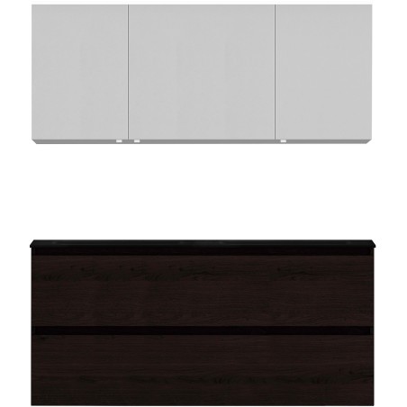 Meuble alano 140 cm duo 2 tiroirs porcelaine coloris chêne graphite mat + armoire de toilette coloris chêne graphite