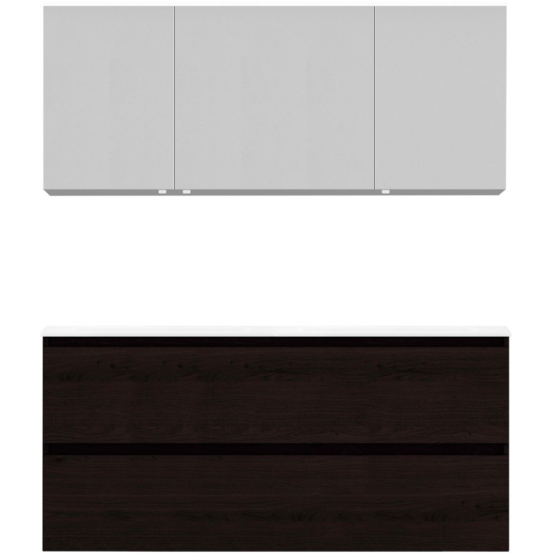 Meuble Alano 140cm duo 2 tiroirs marbre de synthèse +armoire de toilette coloris chêne graphite