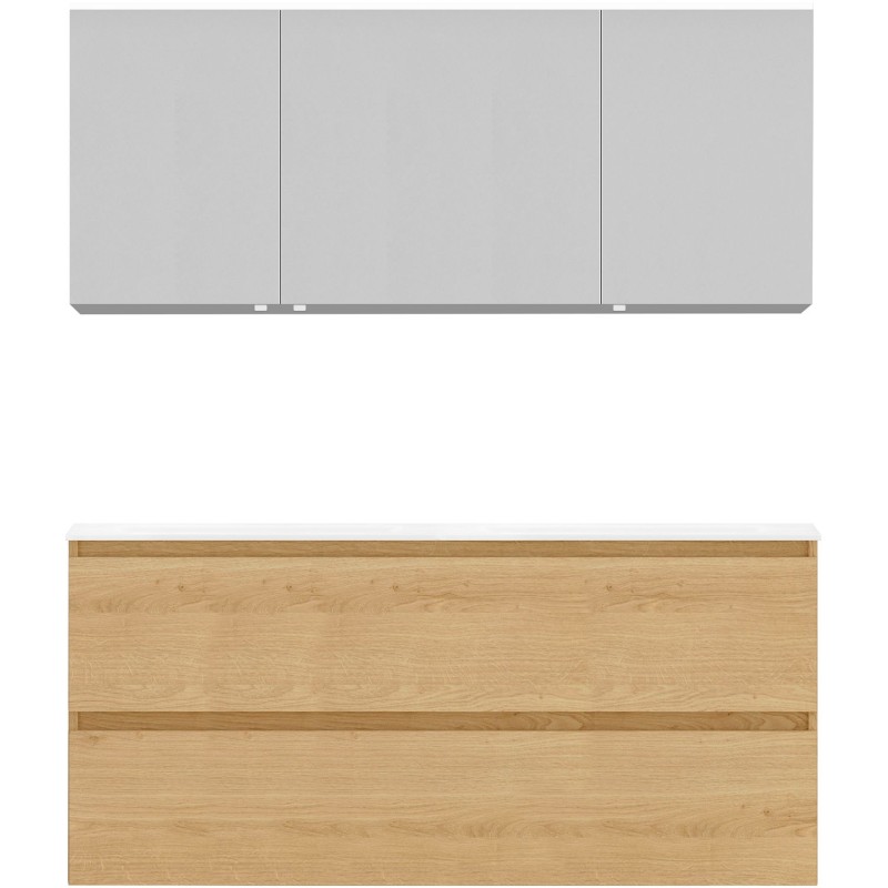 Meuble Alano 140cm duo 2 tiroirs marbre de synthèse +armoire de toilette coloris chêne nordique