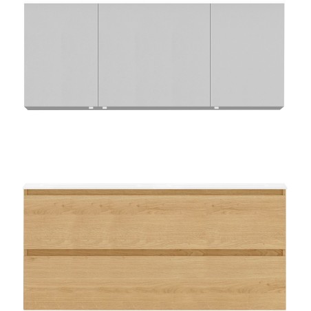 Meuble Alano 140cm duo 2 tiroirs marbre de synthèse +armoire de toilette coloris chêne nordique