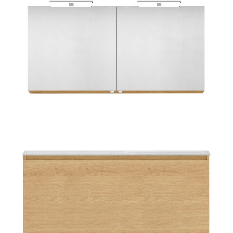 Meuble forme 120 asymétrique droite 1 tiroir marbre de synthèse +armoire de toilette coloris chêne nordique