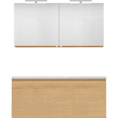 Meuble forme 120 asymétrique droite 1 tiroir marbre de synthèse +armoire de toilette coloris chêne nordique