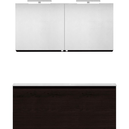 Meuble forme 120 asymétrique droite 1 tiroir marbre de synthèse +armoire de toilette coloris chêne graphite