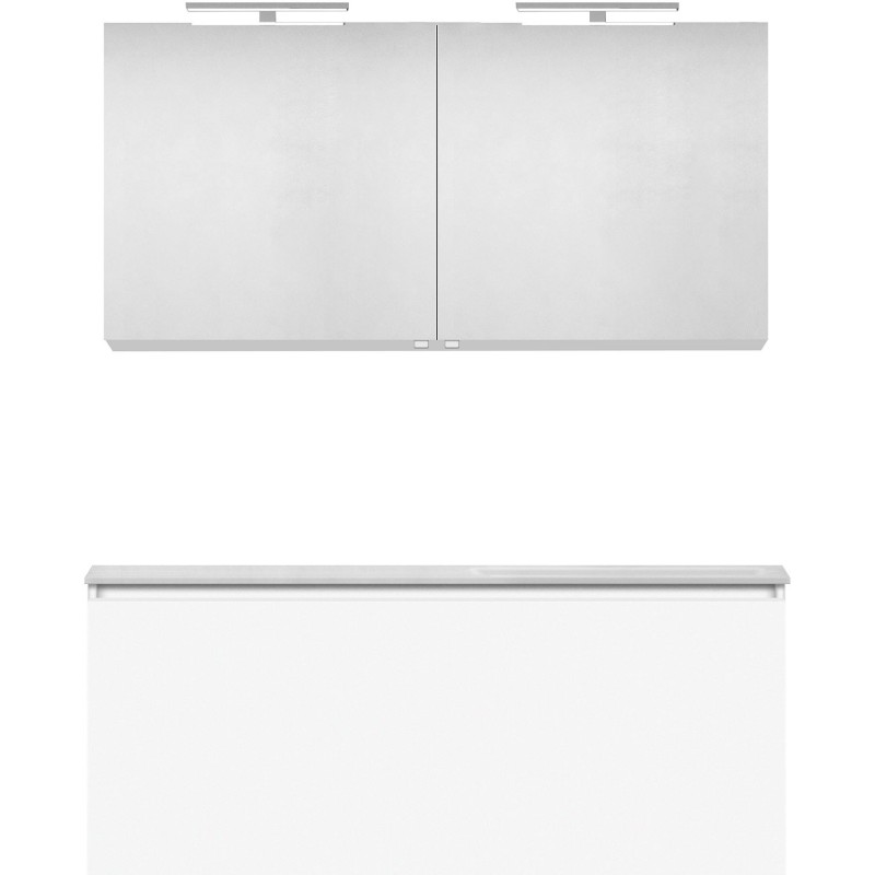 Meuble forme 120 asymétrique droite 1 tiroir marbre de synthèse +armoire de toilette coloris blanc