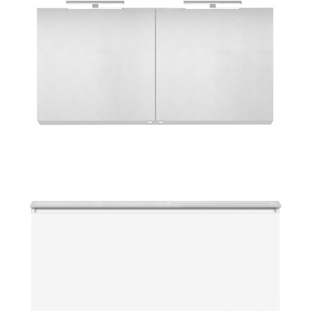 Meuble forme 120 asymétrique droite 1 tiroir marbre de synthèse +armoire de toilette coloris blanc