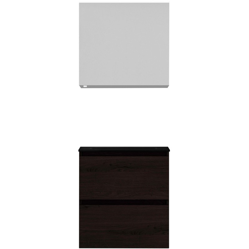 Meuble Alano 60cm solo 2 tiroirs porcelaine coloris chêne graphite mat + armoire de toilette coloris chêne graphite