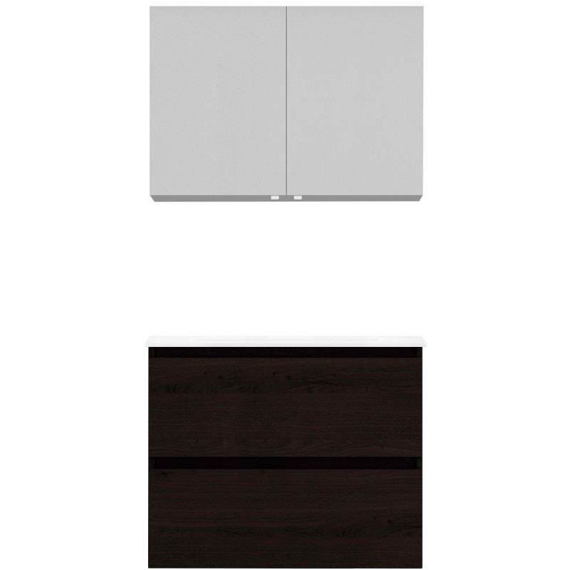 Meuble Alano 80 cm solo 2 tiroirs porcelaine coloris chêne graphite mat + armoire de toilette coloris chêne graphite