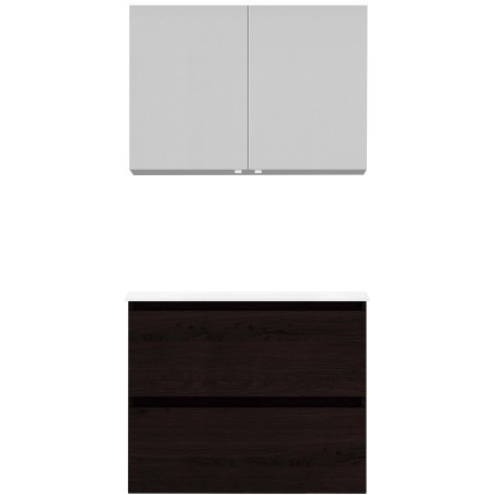 Meuble Alano 80 cm solo 2 tiroirs porcelaine coloris chêne graphite mat + armoire de toilette coloris chêne graphite