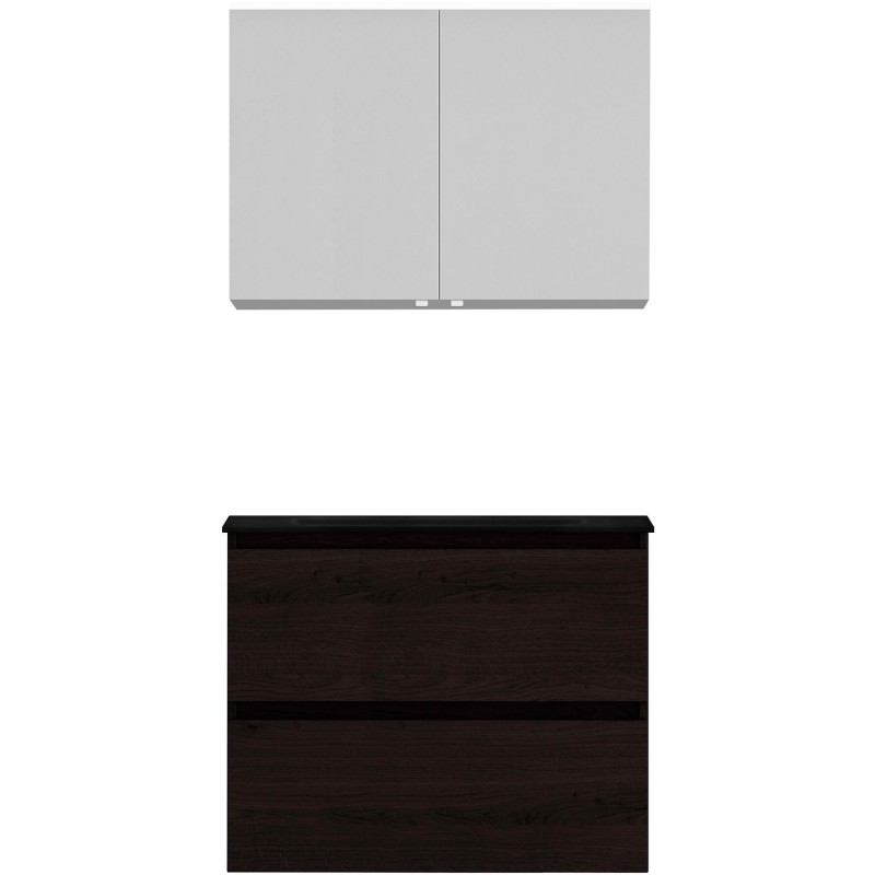 Meuble Alano 80 cm solo 2 tiroirs porcelaine coloris chêne graphite mat + armoire de toilette coloris chêne graphite