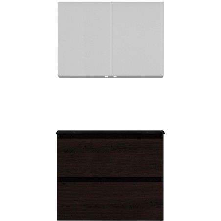 Meuble Alano 80 cm solo 2 tiroirs porcelaine coloris chêne graphite mat + armoire de toilette coloris chêne graphite