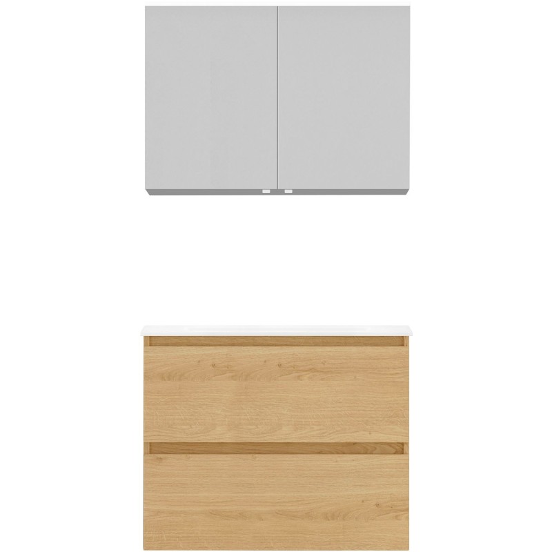 Meuble Alano 80 cm solo 2 tiroirs porcelaine coloris chêne nordique mat + armoire de toilette coloris chêne nordique