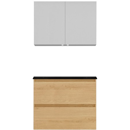 Meuble Alano 80 cm solo 2 tiroirs porcelaine coloris chêne nordique mat + armoire de toilette coloris chêne nordique