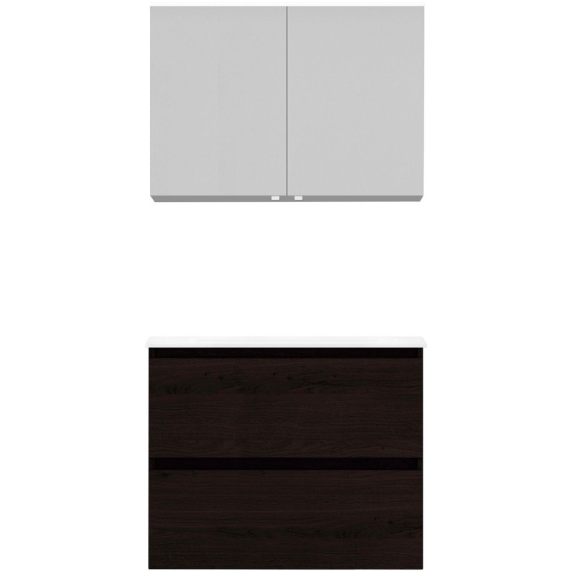 Meuble Alano 80cm solo 2 tiroirs marbre de synthèse +armoire de toilette coloris chêne graphite