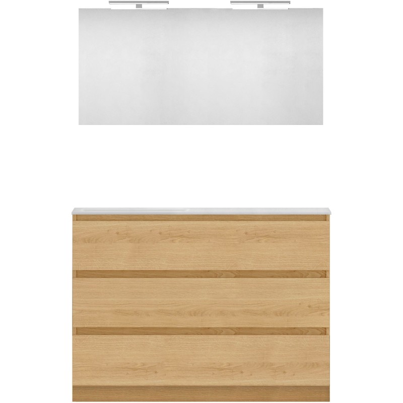 Meuble forme 120 asymétrique gauche 3 tiroirs marbre de synthèse +miroir coloris chêne nordique