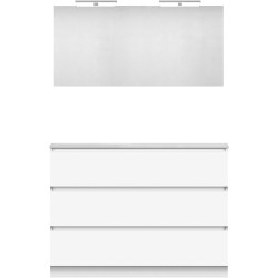 Meuble forme 120 asymétrique gauche 3 tiroirs marbre de synthèse +miroir coloris blanc