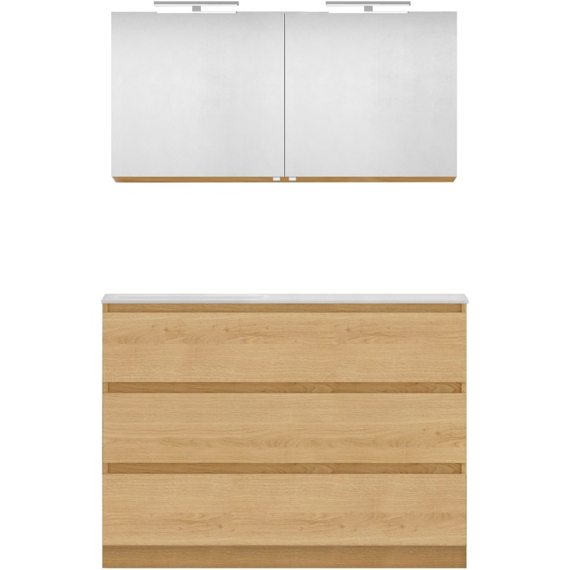 Meuble forme 120 asymétrique gauche 3 tiroirs marbre de synthèse +armoire de toilette coloris chêne nordique