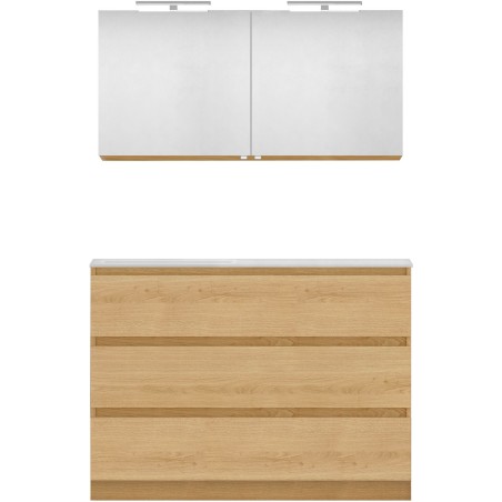 Meuble forme 120 asymétrique gauche 3 tiroirs marbre de synthèse +armoire de toilette coloris chêne nordique