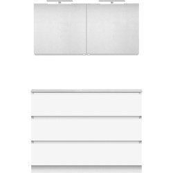 Meuble forme 120 asymétrique gauche 3 tiroirs marbre de synthèse +armoire de toilette coloris blanc