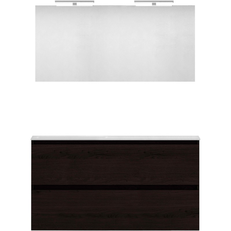 Meuble forme 120 asymétrique gauche 2 tiroirs marbre de synthèse +miroir coloris chêne graphite