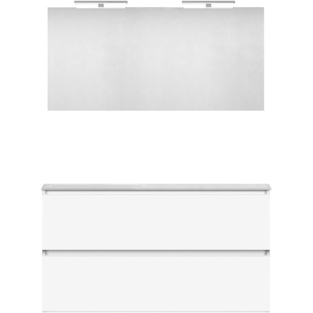 Meuble forme 120 asymétrique gauche 2 tiroirs marbre de synthèse +miroir coloris blanc